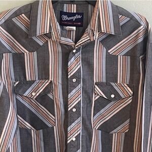 VTG Wrangler‎ Pearl Snap X Long Tails Long Sleeve Gray Blue Brown Shirt 16/33